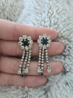Rhinestone Drop Earrings with Navy Center Stones